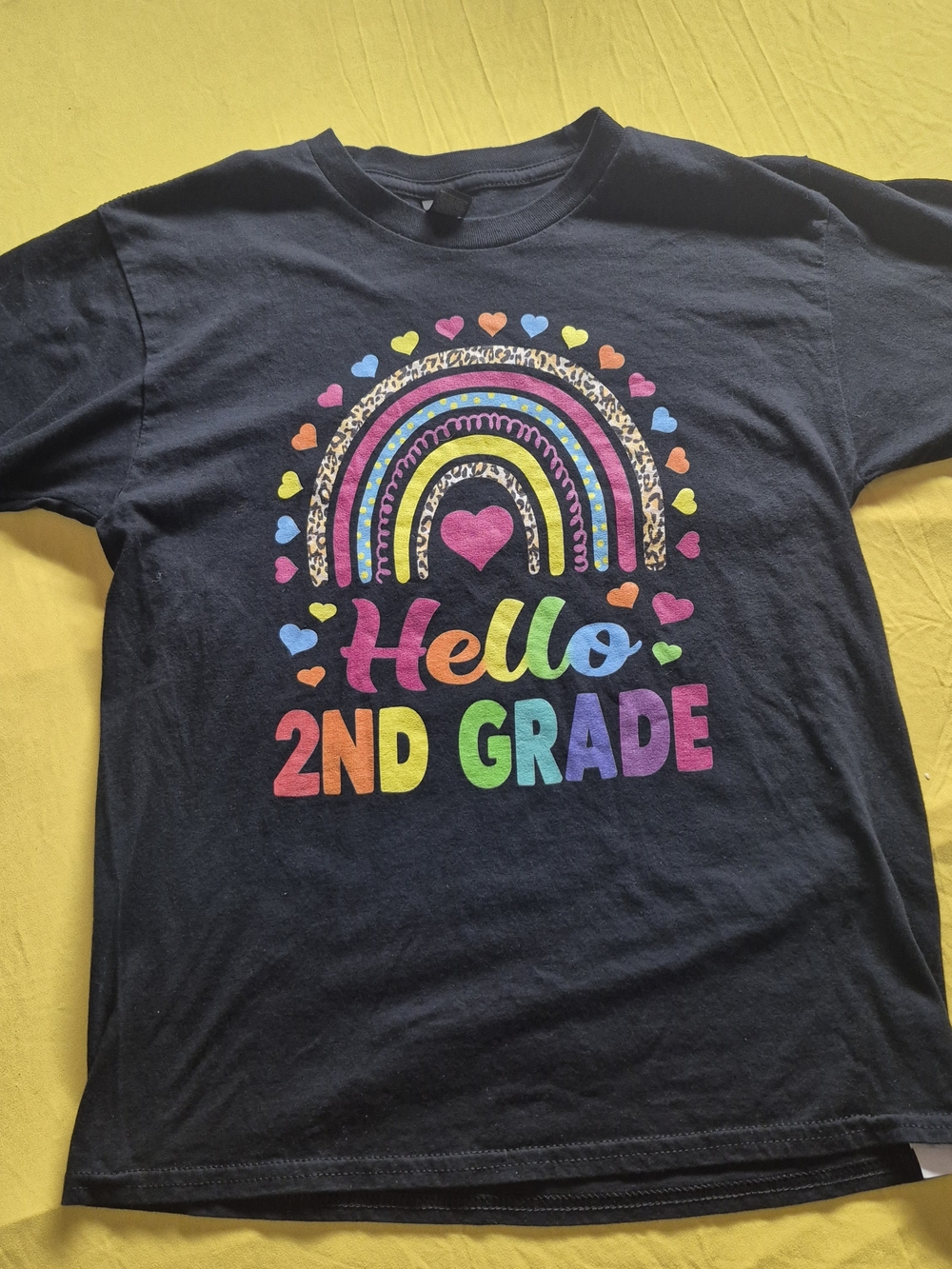 Gildan Black Kids T-Shirt with Colorful Rainbow "Hello 2nd Grade" Graphic